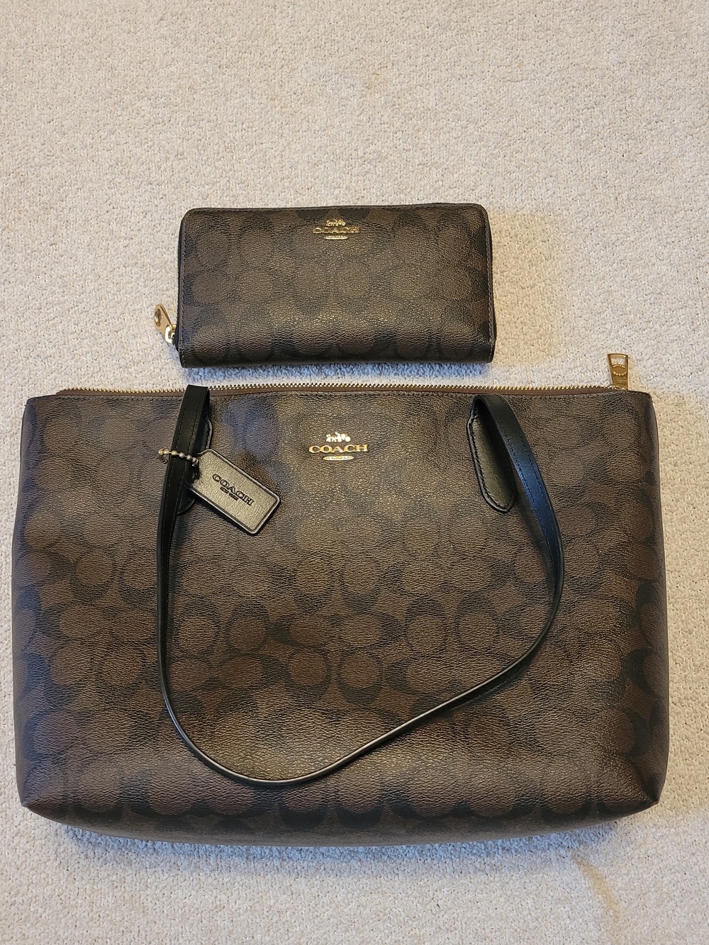 COACH Brown Signature Canvas Tote with Matching Wallet - Gold Hardware